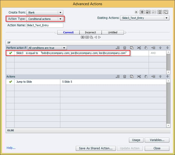 Check the Action Button Condition for Correct Feedback
