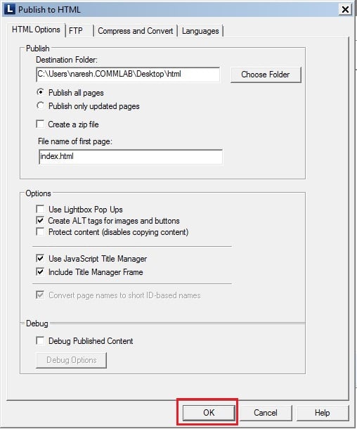 click OK to publish