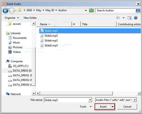 Click the Audio dropdown 