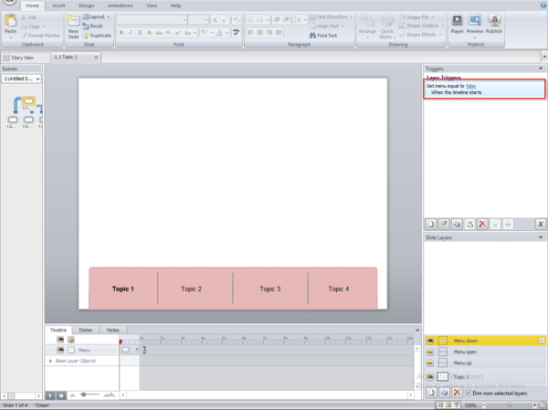 Change the value of boolean variable menu to false