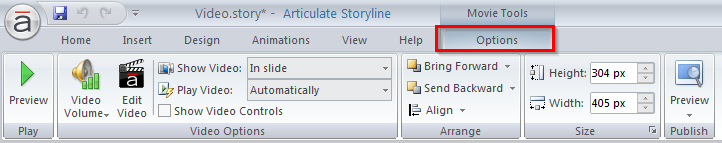 options to change the video properties