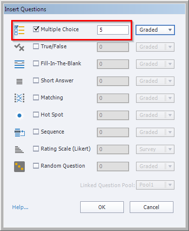 Choosing question type and numbers