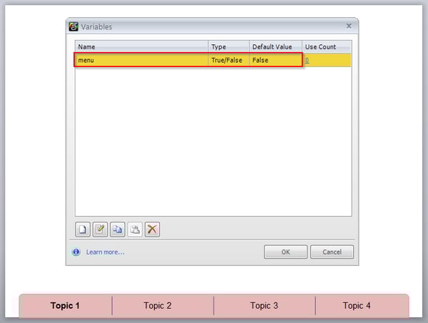 Create a boolean variable menu