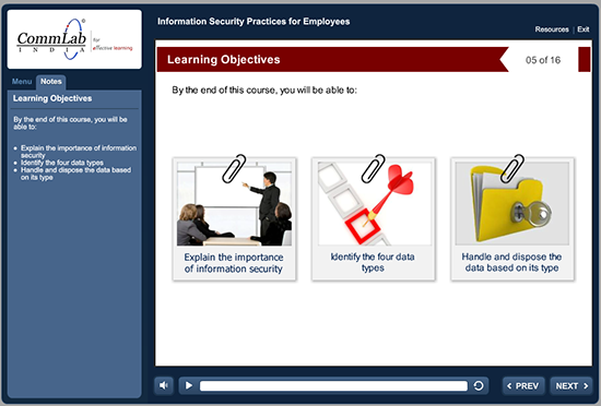 Learning objectives screen