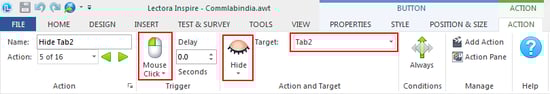 On Mouse Click, Hide Tab 2, Tab 3, Tab 4, and Tab 5.
