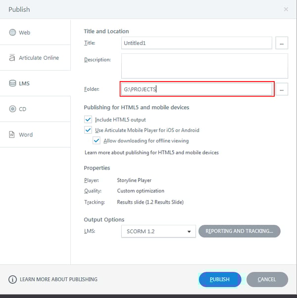 Publish the course to local drive
