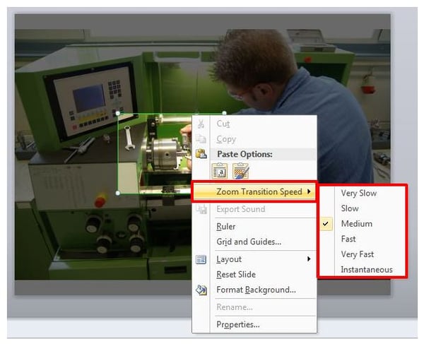 Right click zoom area and select zoom transition slide
